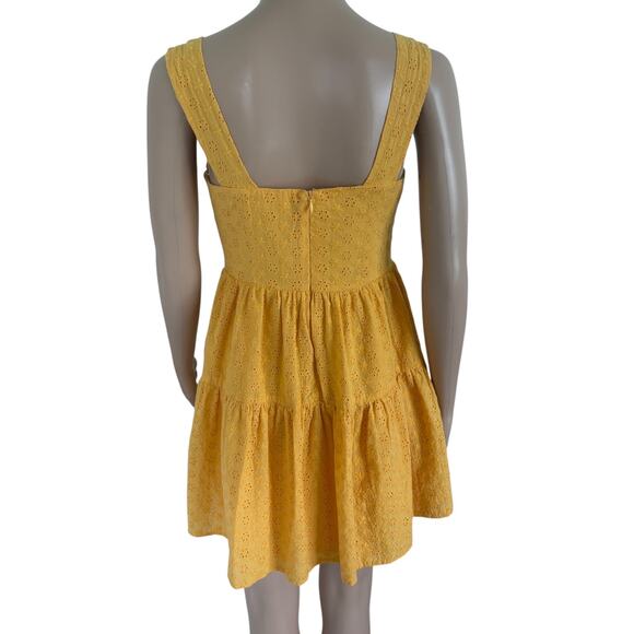 Lulus Yellow Eyelet Button Front Tiered Mini Dress S Boho Cottagecore Feminine - Picture 4 of 7